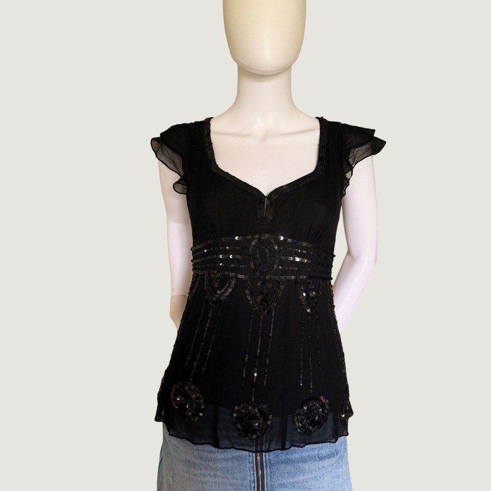 Nanette Lepore Womens Black 100% Silk Sequin Beaded Empire Waist Blouse Top 6